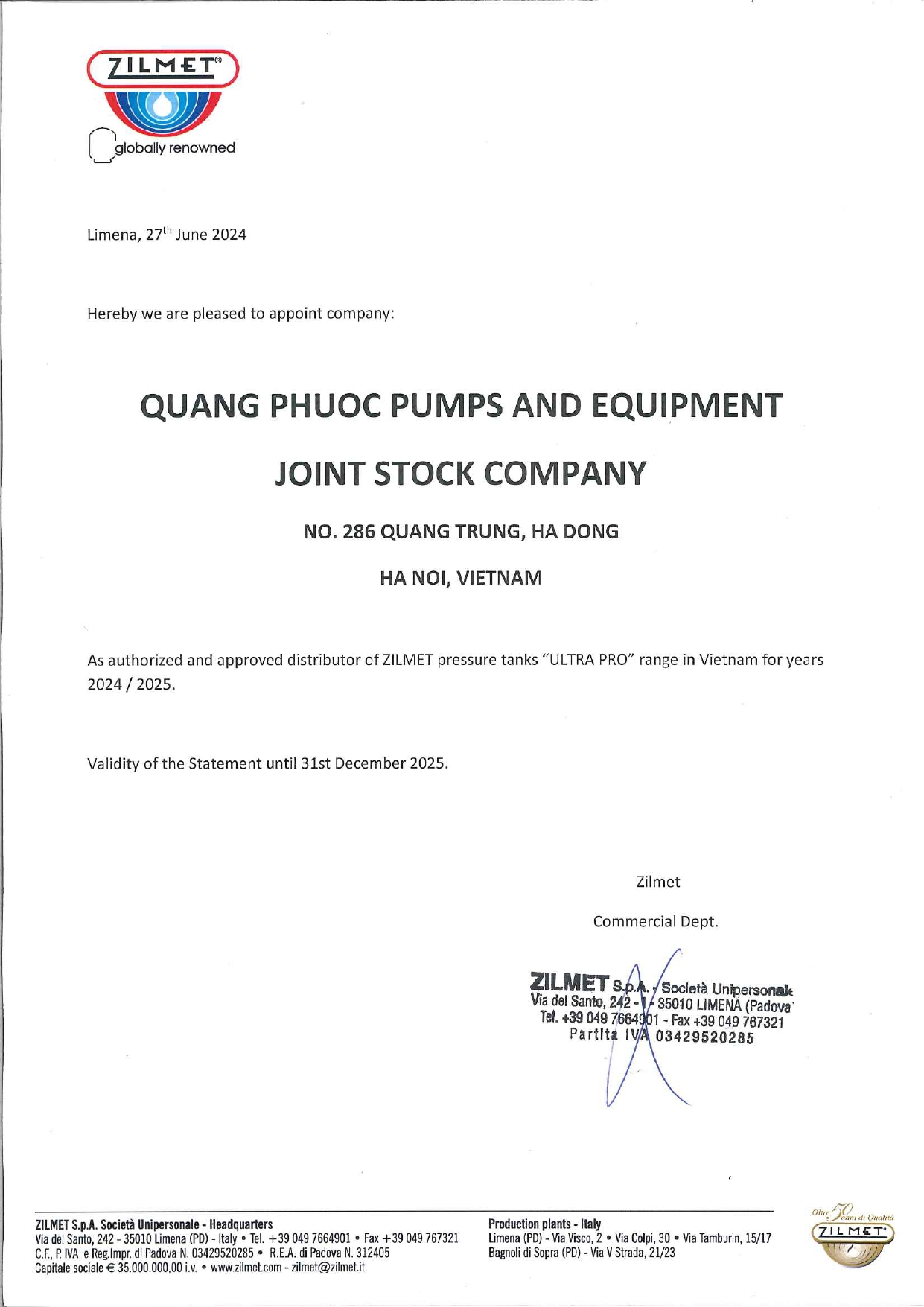 chứng nhận đại lý chính hãng bình tích áp Zilmet