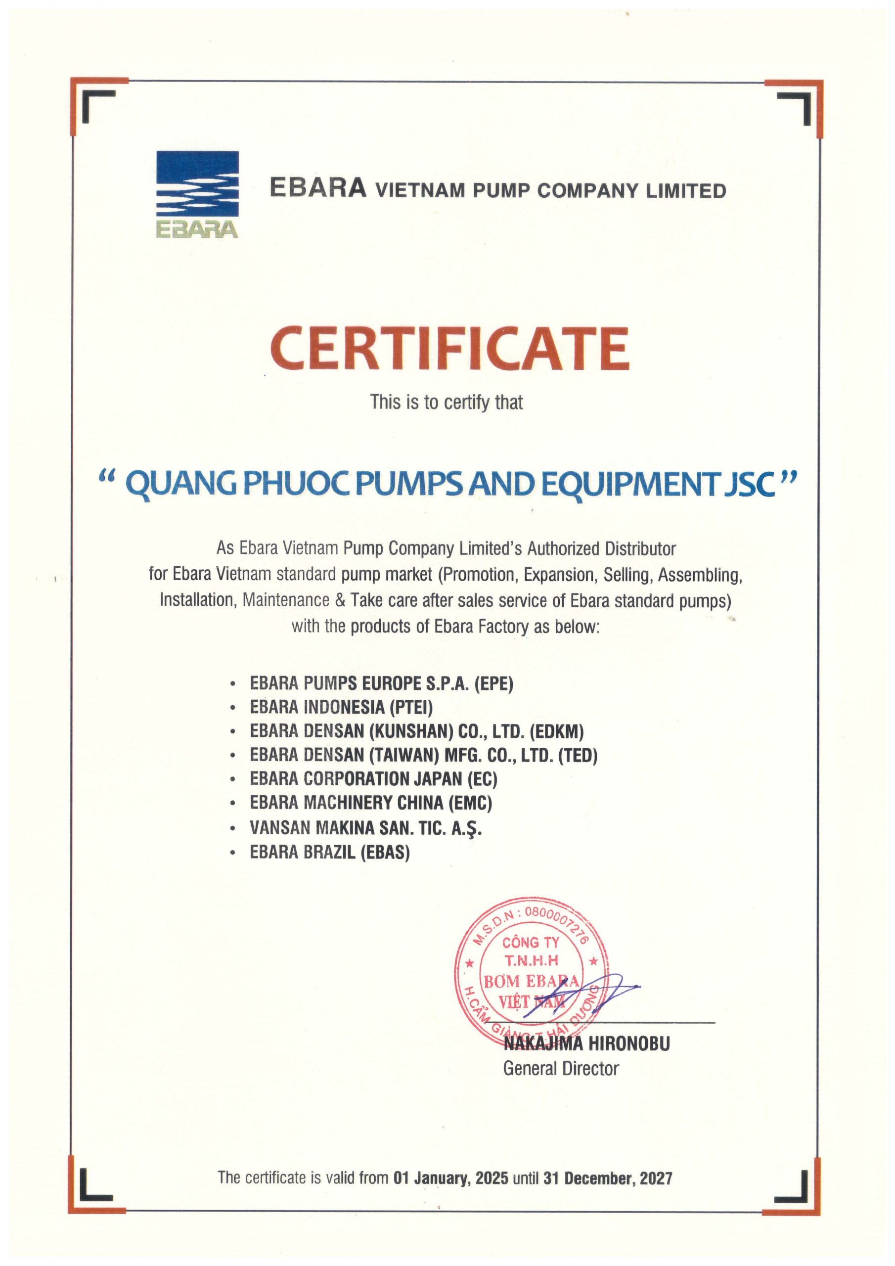 CHỨNG NHẬN NHÀ PHÂN PHỐI EBARA - QUANG PHƯỚC