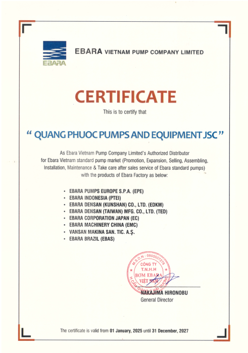 GIẤY CHỨNG NHẬN NPP EBARA - QUANG PHƯỚC