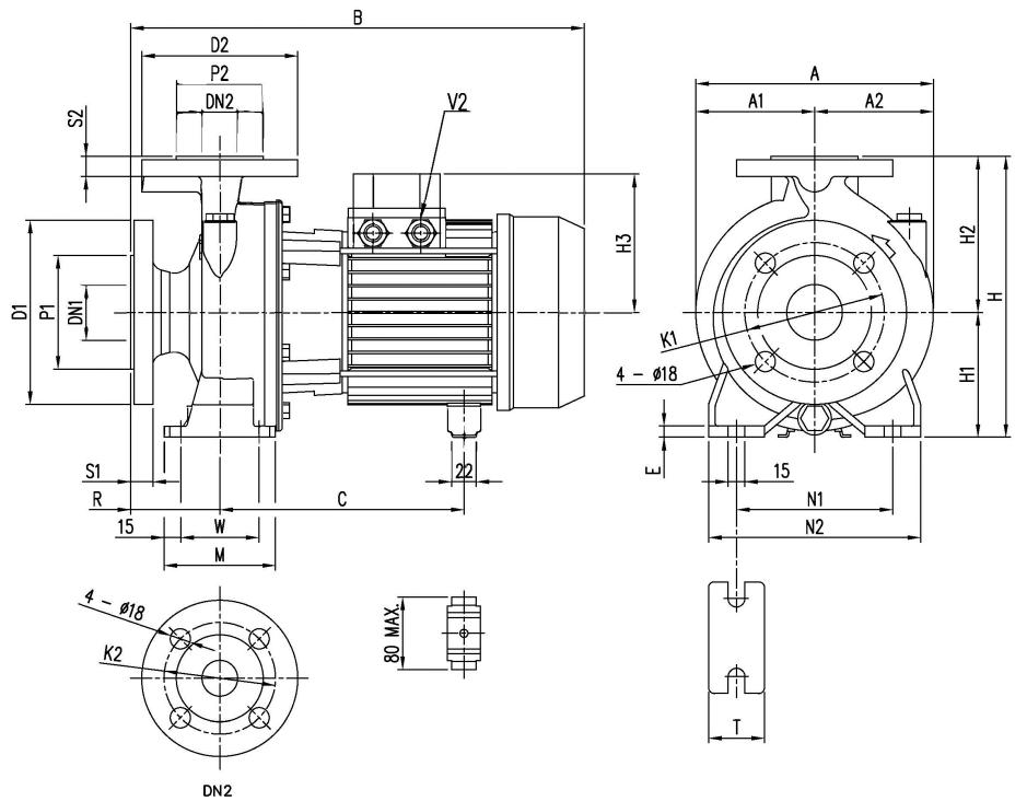 Sơ đồ kích thước máy bơm Ebara 3D 40-160 4.0