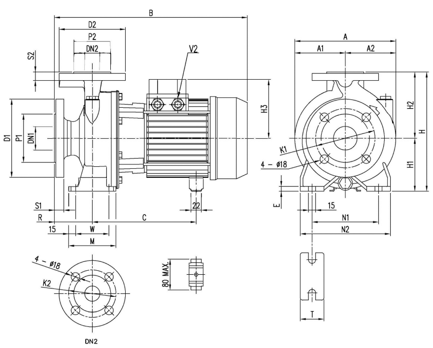 sơ đồ kích thước máy bơm Ebara 3D 50-125 4.0